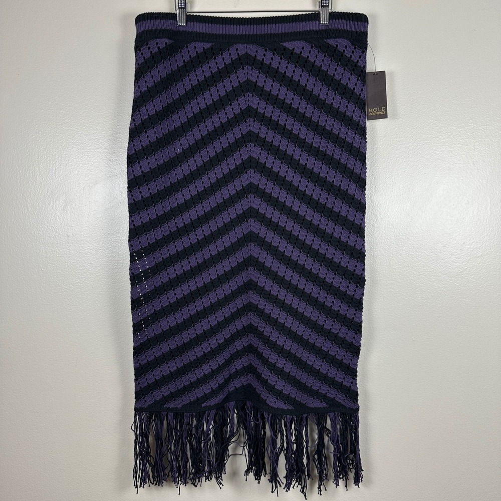 Bold Elements Women's XL Knit Skirt Purple Black Chevron Fringe Boho NEW